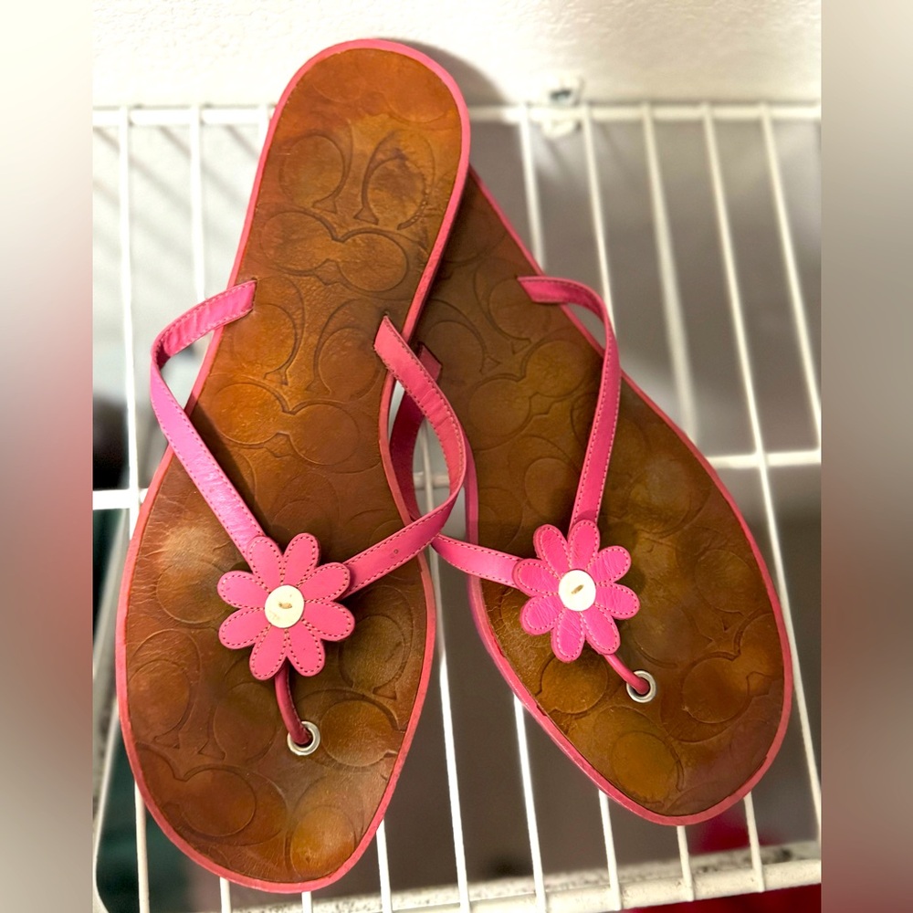 Coach Lucie Daisy Leather Flip Flop Sandals, Pink and Brown, Size 10